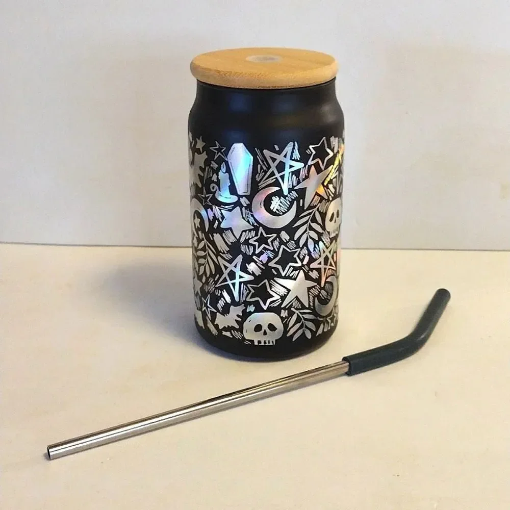 Halloween Black Iridescent‎ Skulls Printed Glass Coffee Cup with Straw NWT
